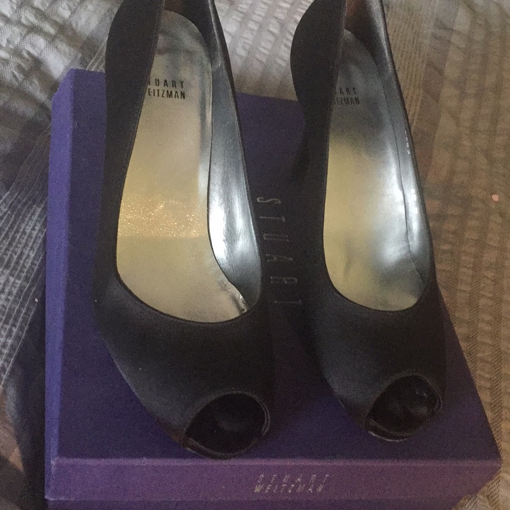 Stuart Weitzman Satin Black Open Toe Pump - image 1